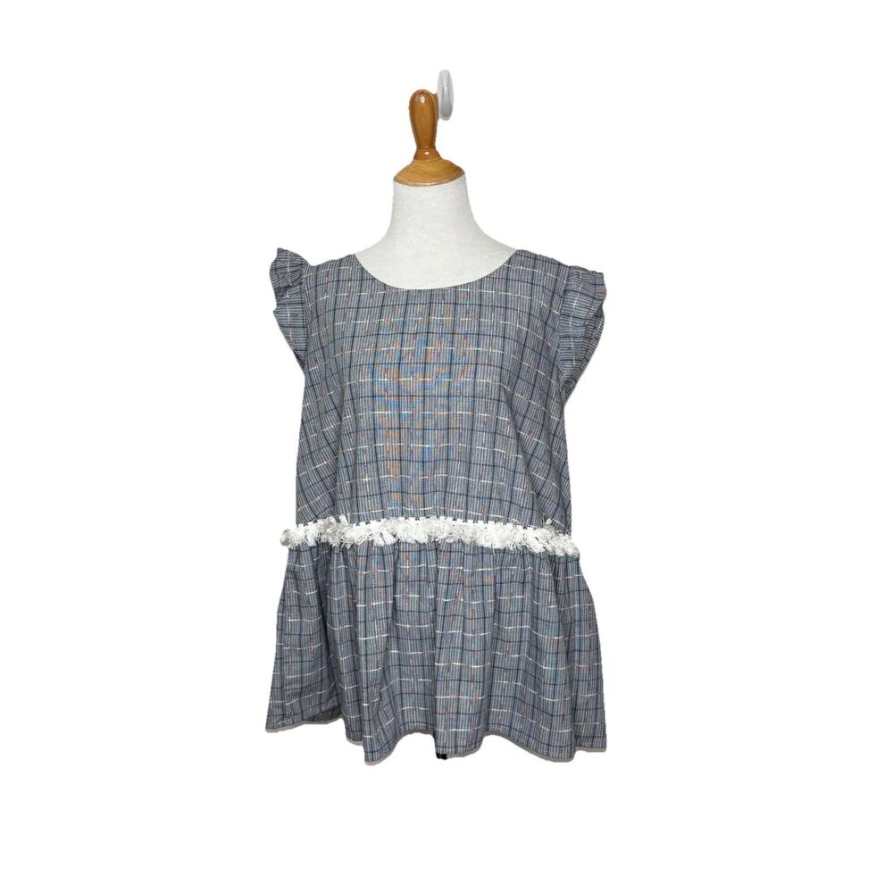 Andree by Unit Blue Plaid White Tassel Accents Waist Flutter Sleeve Blouse 1X